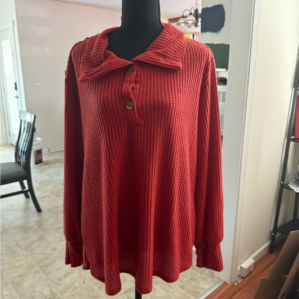 Cozy Red Button Down Waffle Knit Top2X